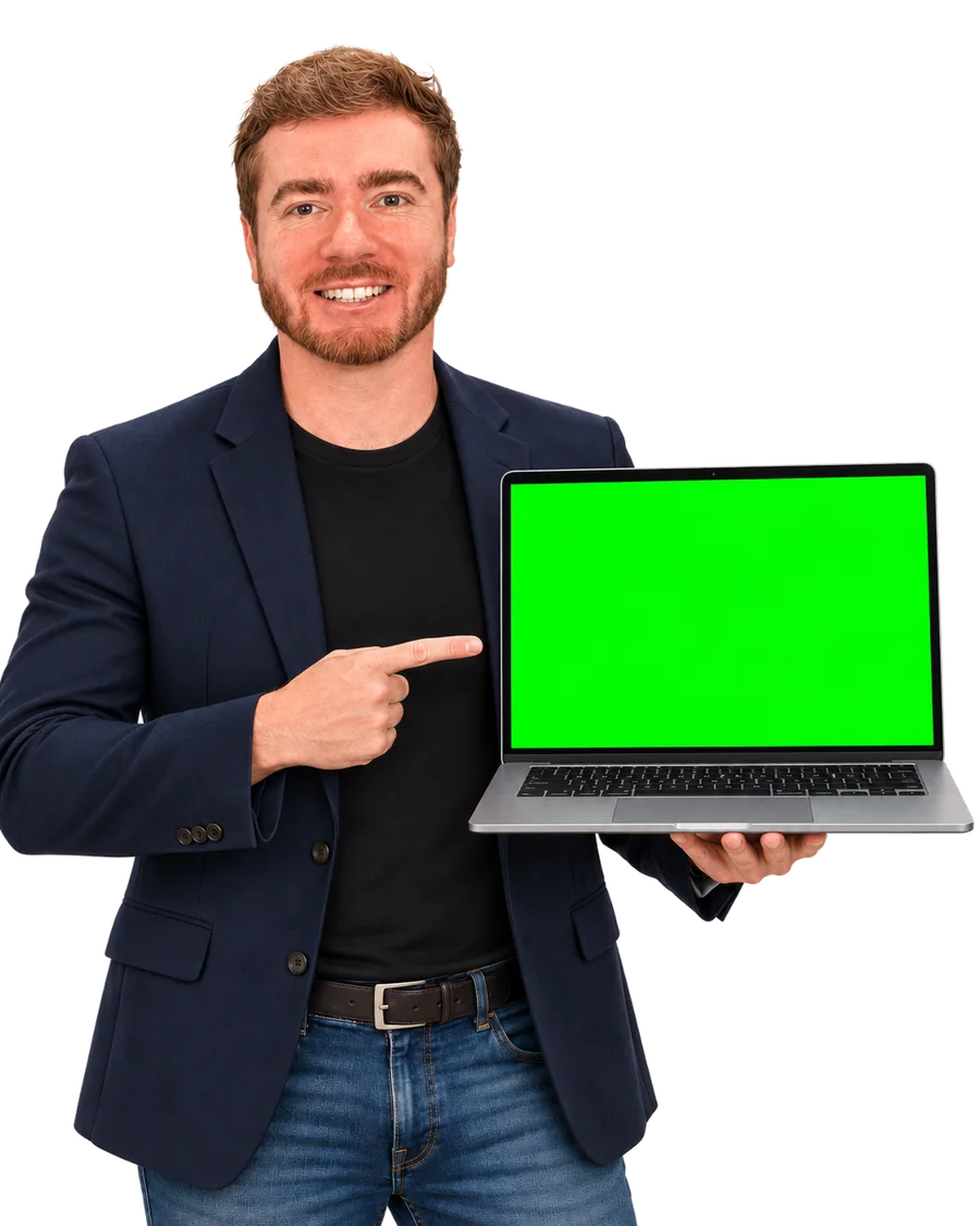 Diego, founder of 123page Studio, holding a laptop with a website on screen